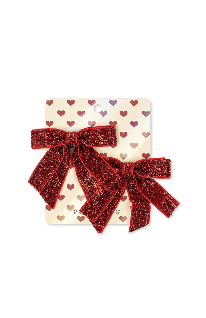 Velvet Double Bow-hårspännen från Konges Slöjd, Red Glitter, 2-pack på kort