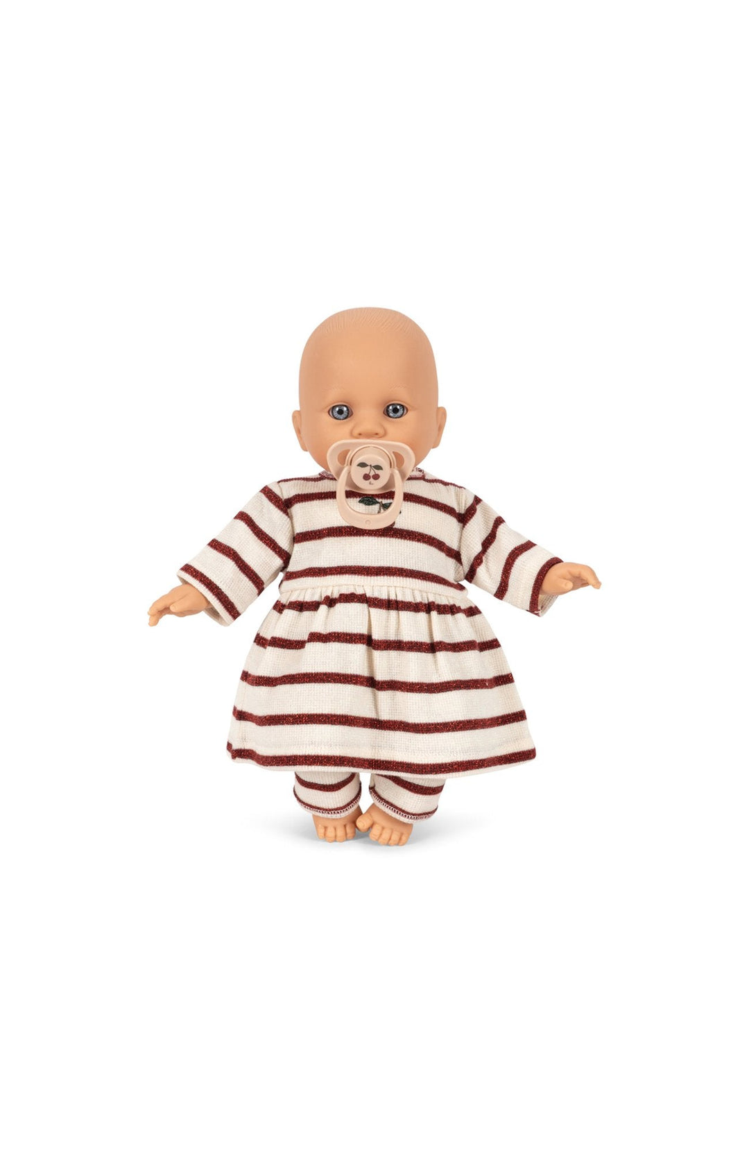 Babydocka Bella från Konges Slöjd i randig dräkt Creamy Stripe med napp