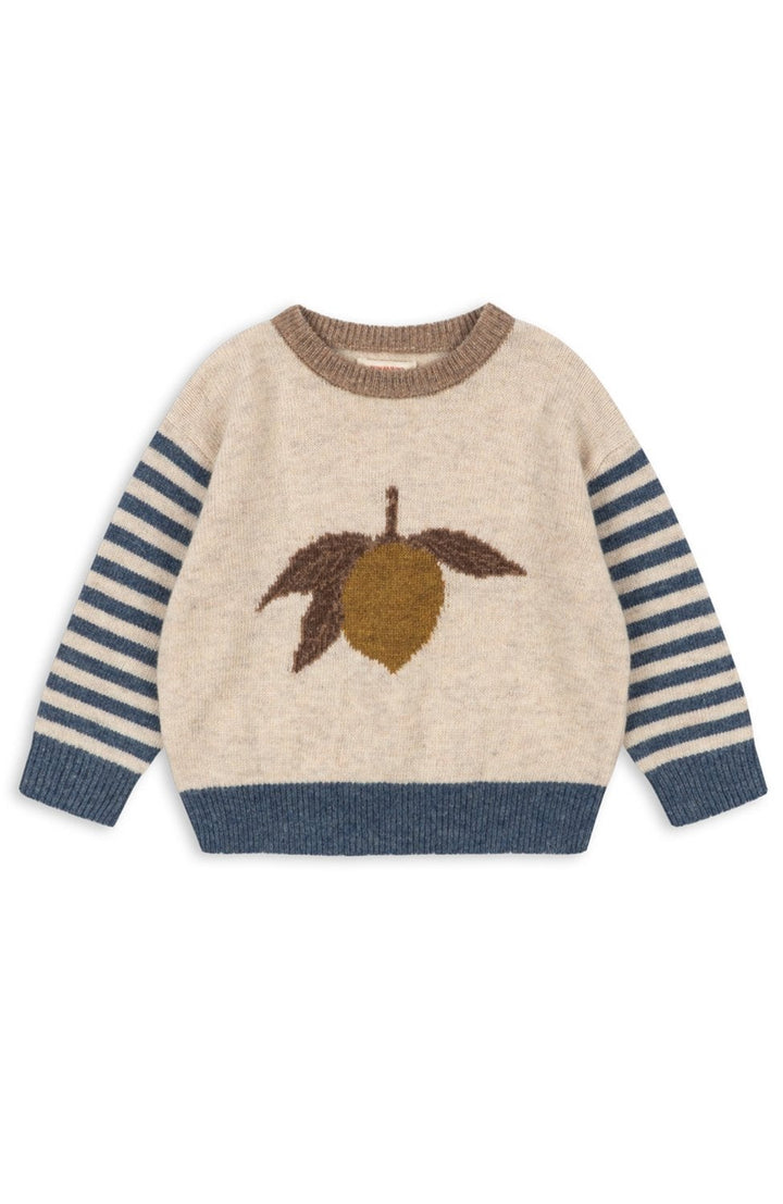 Billi-tröja i ull från Konges Slöjd, Lemon – beige med citronmotiv och randiga ärmar