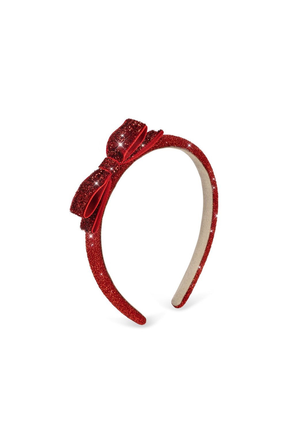 Velvet Bow-diademet i Red Glitter från sidan