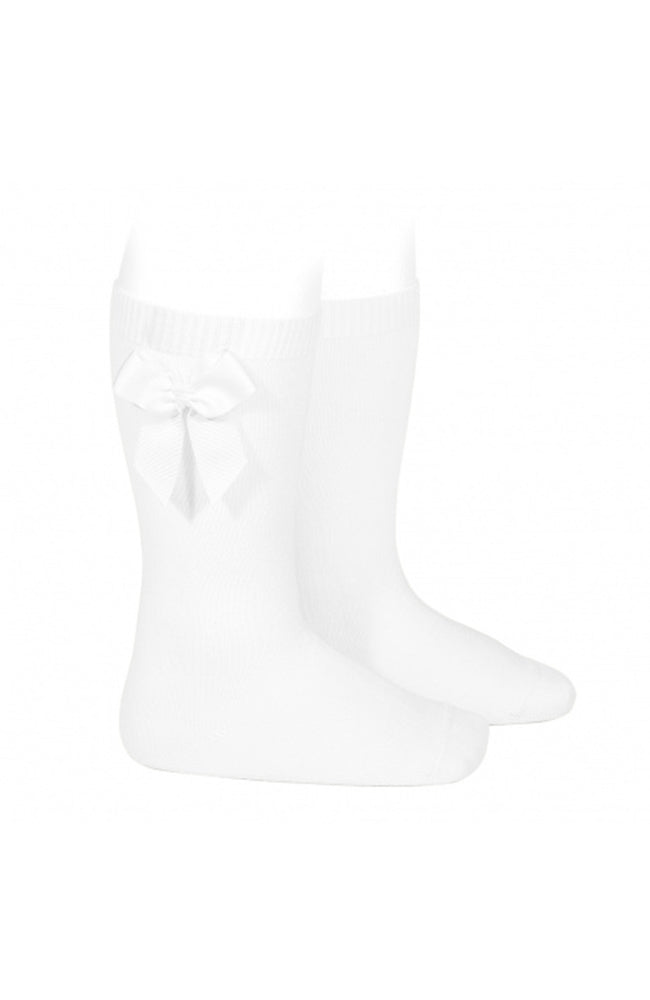 Cotton Knee Socks w/ Side Bow - White Condor Strumpor