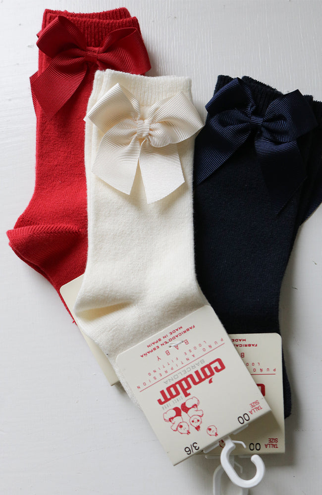 Cotton Knee Socks w/ Side Bow - Cream Condor Strumpor